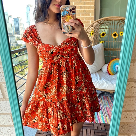 Free People Dresses & Skirts - Free People Orange Ruffle Floral Linen Blend Dress